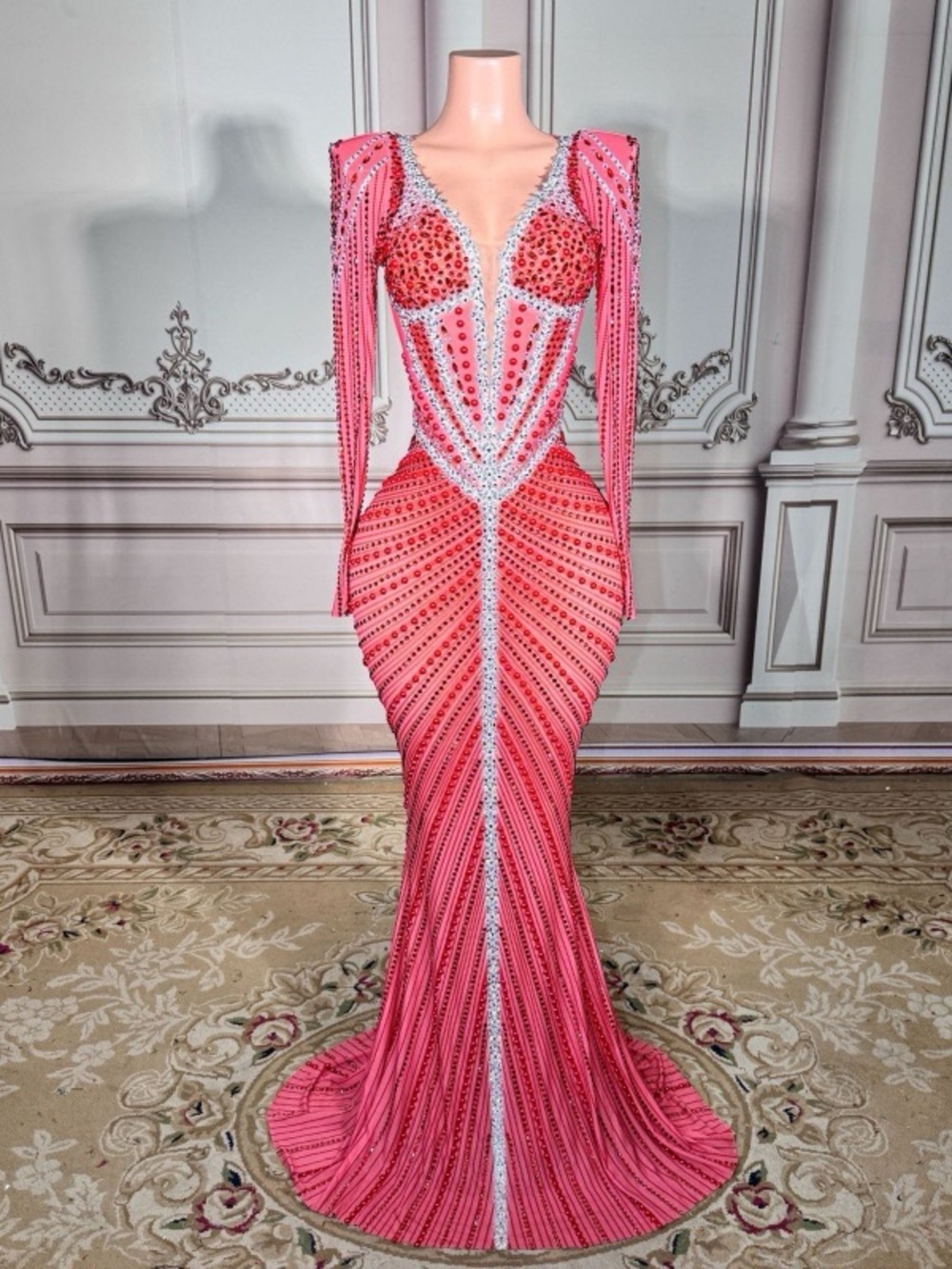 Elegant Pink Beaded Evening Gown
